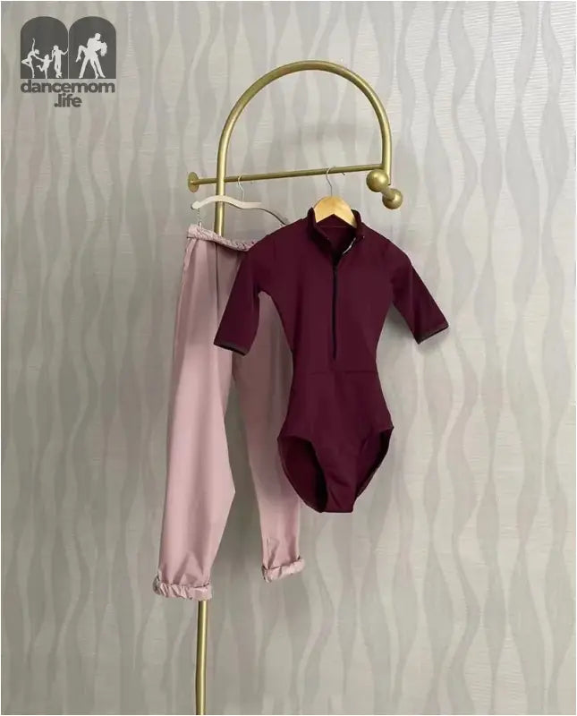 Gold clothing rack displaying a burgundy bodysuit and pink pants.