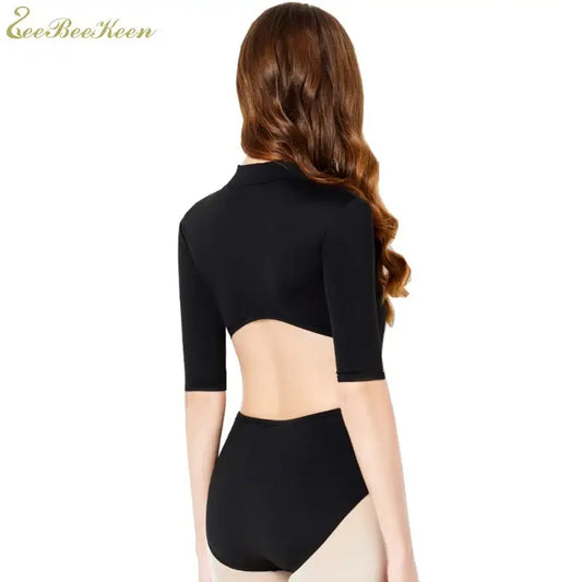 Black cropped dance or gymnastics leotard with half sleeves.