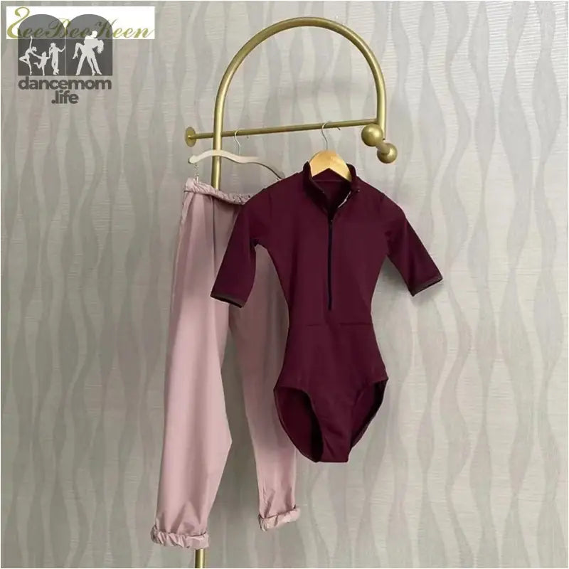 Burgundy bodysuit and pink jogger pants hanging on a brass clothing rack.