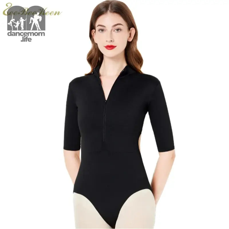 Black half-sleeve zip-front leotard with a mock turtleneck collar.