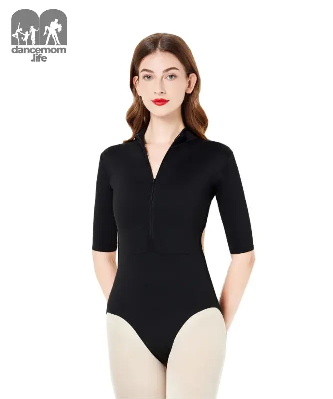 Black half-sleeve zip-front dance leotard with a mock turtleneck collar.