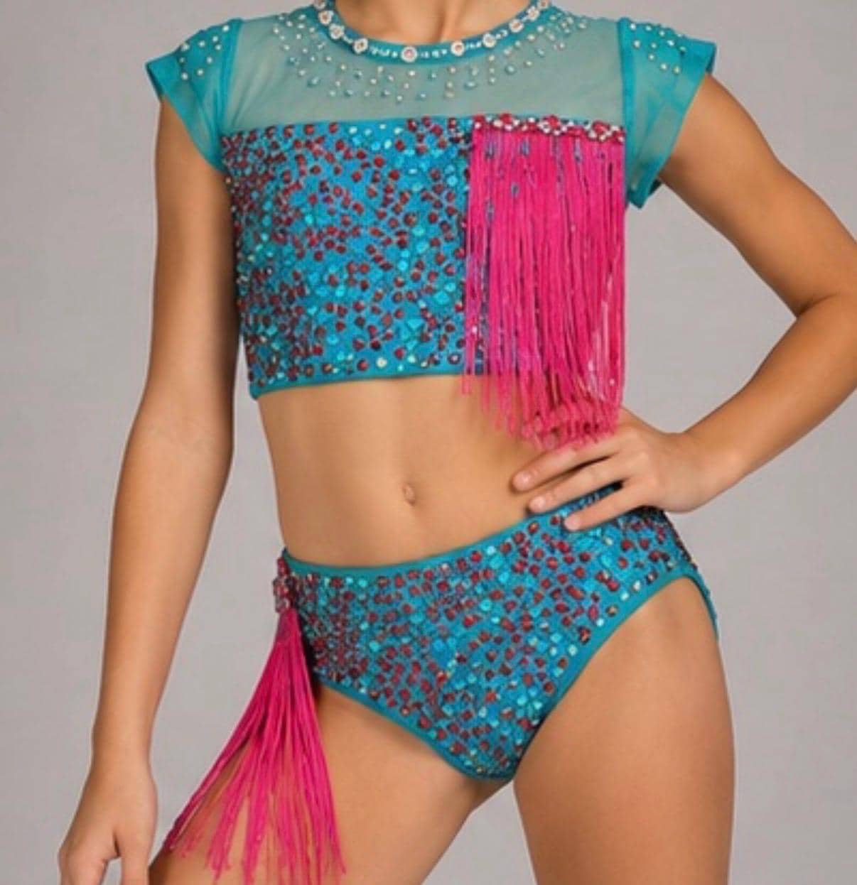 Aqua & Hot Pink Fringe Dance Costume (Child Size 6) -  "Aztec Vibe"