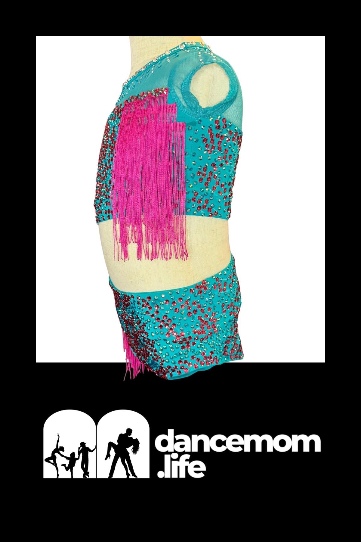 Aqua & Hot Pink Fringe Dance Costume (Child Size 6) -  "Aztec Vibe"