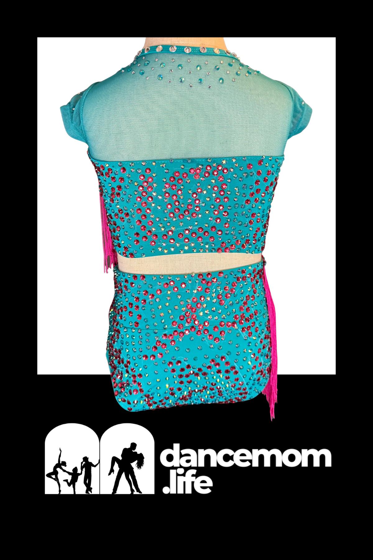 Aqua & Hot Pink Fringe Dance Costume (Child Size 6) -  "Aztec Vibe"