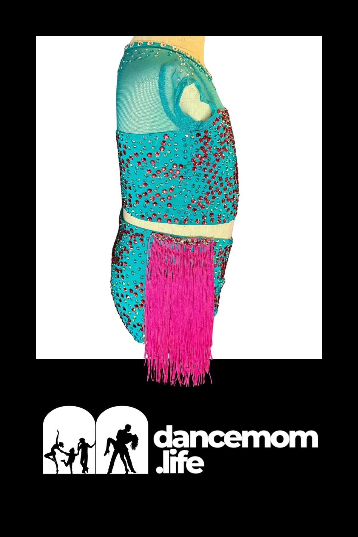 Aqua & Hot Pink Fringe Dance Costume (Child Size 6) -  "Aztec Vibe"