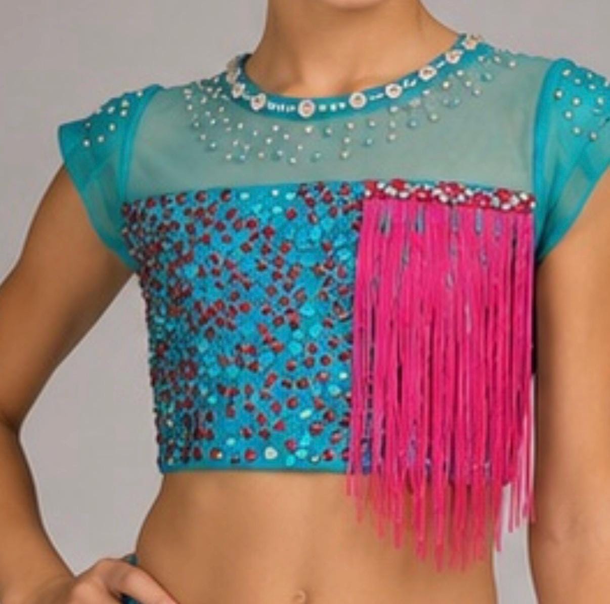 Aqua & Hot Pink Fringe Dance Costume (Child Size 6) -  "Aztec Vibe"