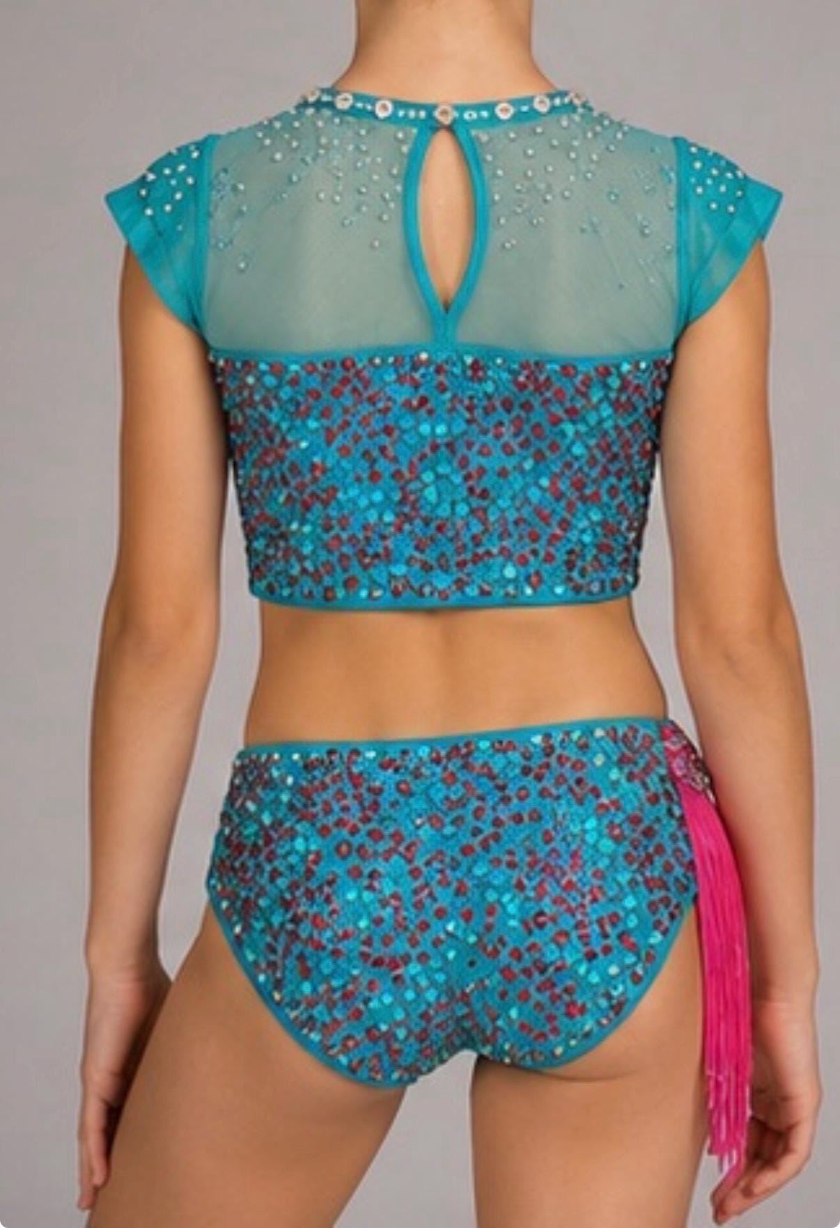 Aqua & Hot Pink Fringe Dance Costume (Child Size 6) -  "Aztec Vibe"