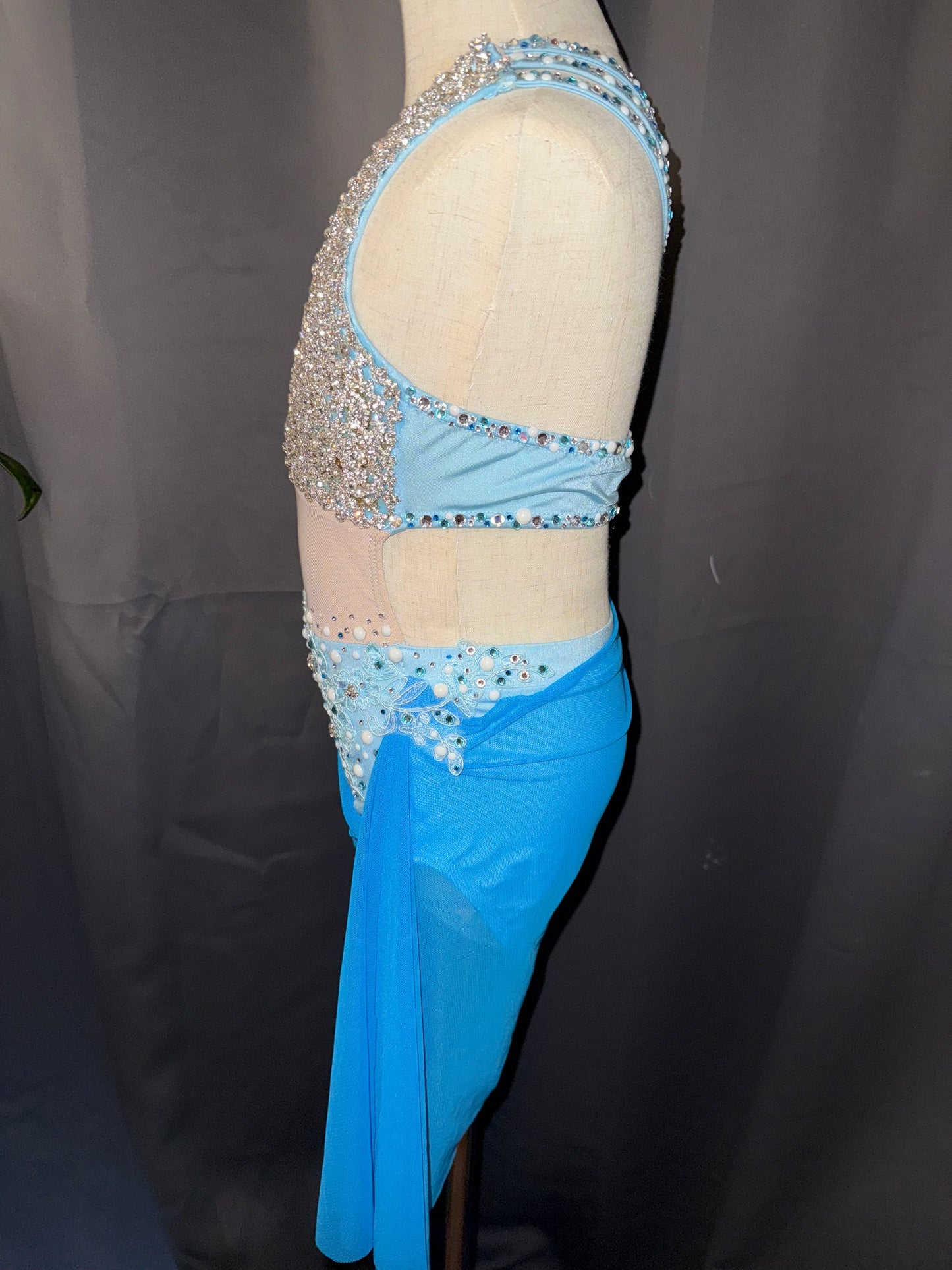 Aqua Radiance – Child Small Aqua Floral Lyrical & Contemporary Dance Costume with Real Crystals