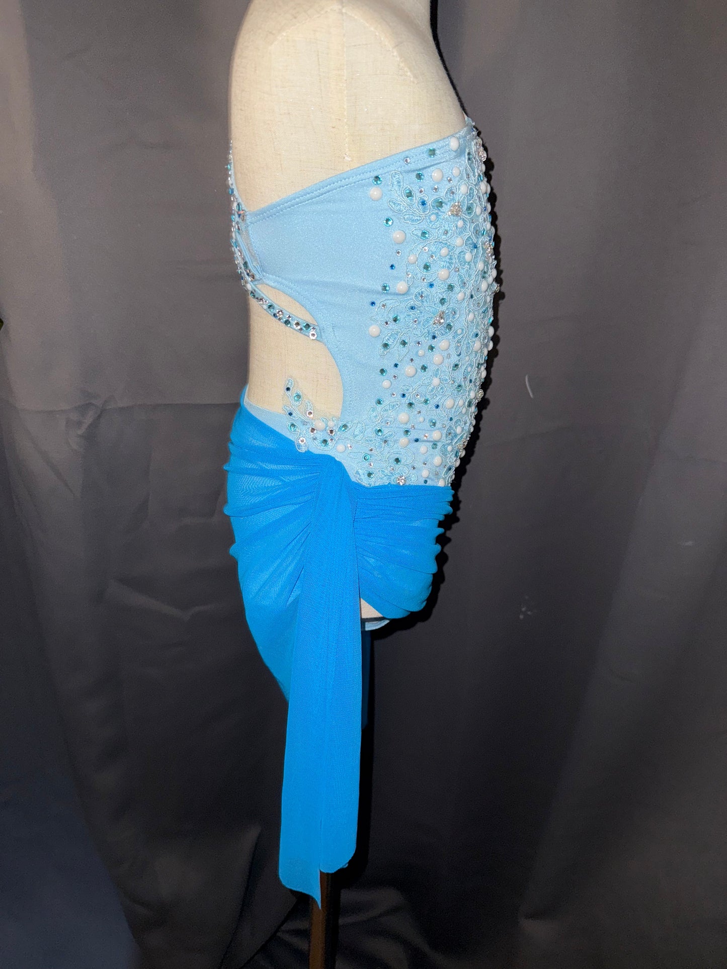 Aqua Radiance – Child Small Aqua Floral Lyrical & Contemporary Dance Costume with Real Crystals
