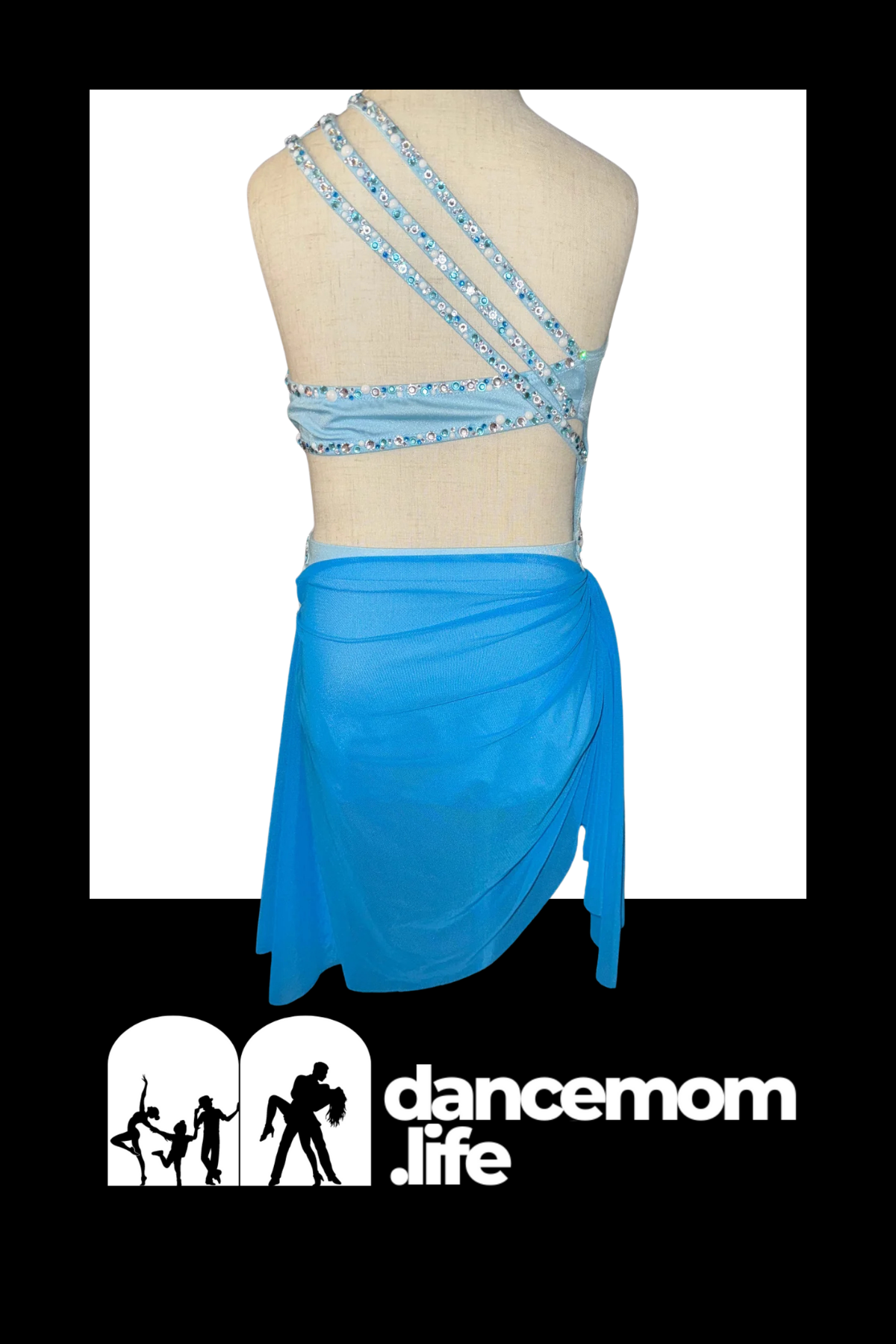 Light blue, shimmering dance leotard with a halter neckline and sparkling crystal straps.