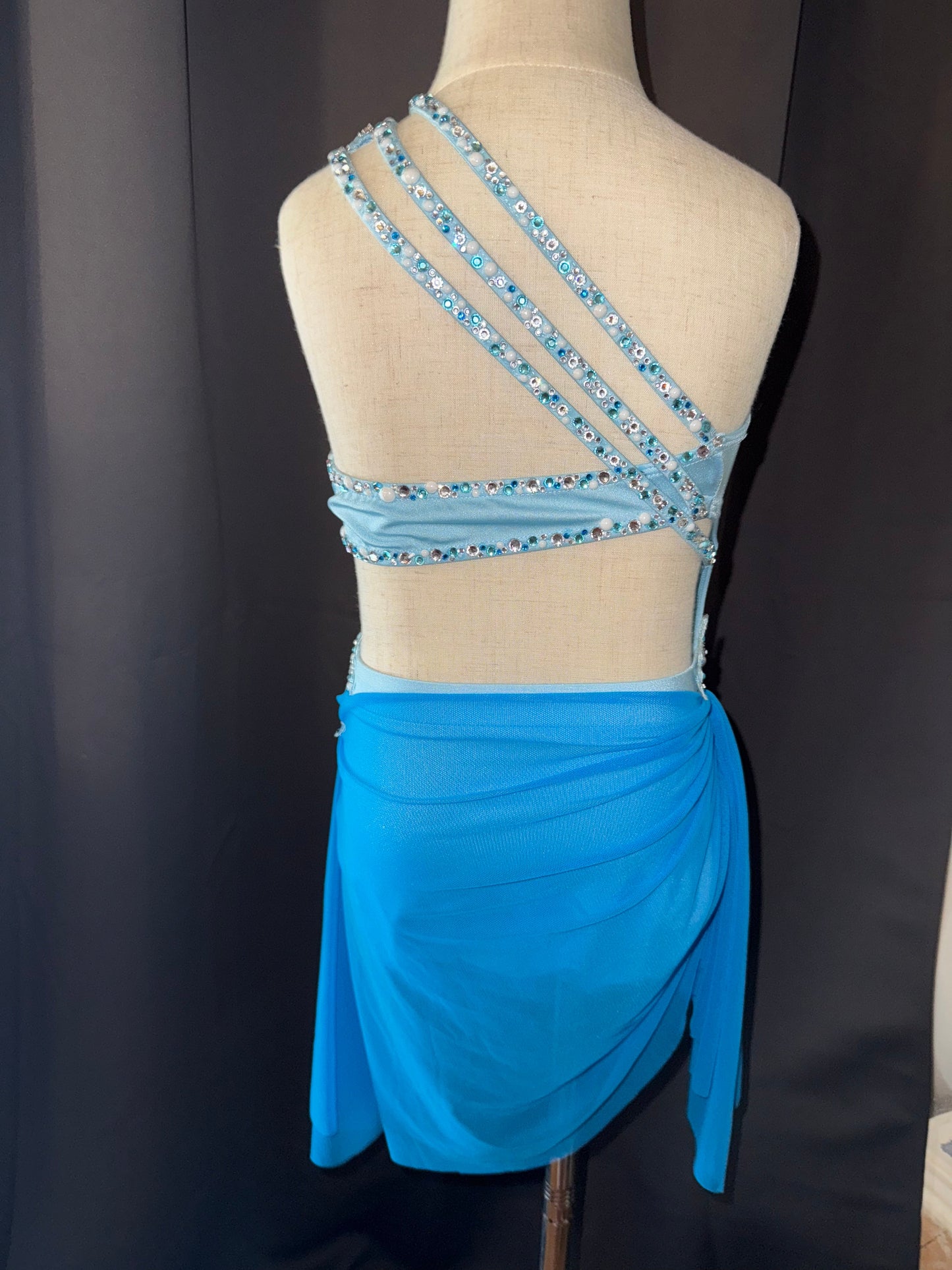 Aqua Radiance – Child Small Aqua Floral Lyrical & Contemporary Dance Costume with Real Crystals