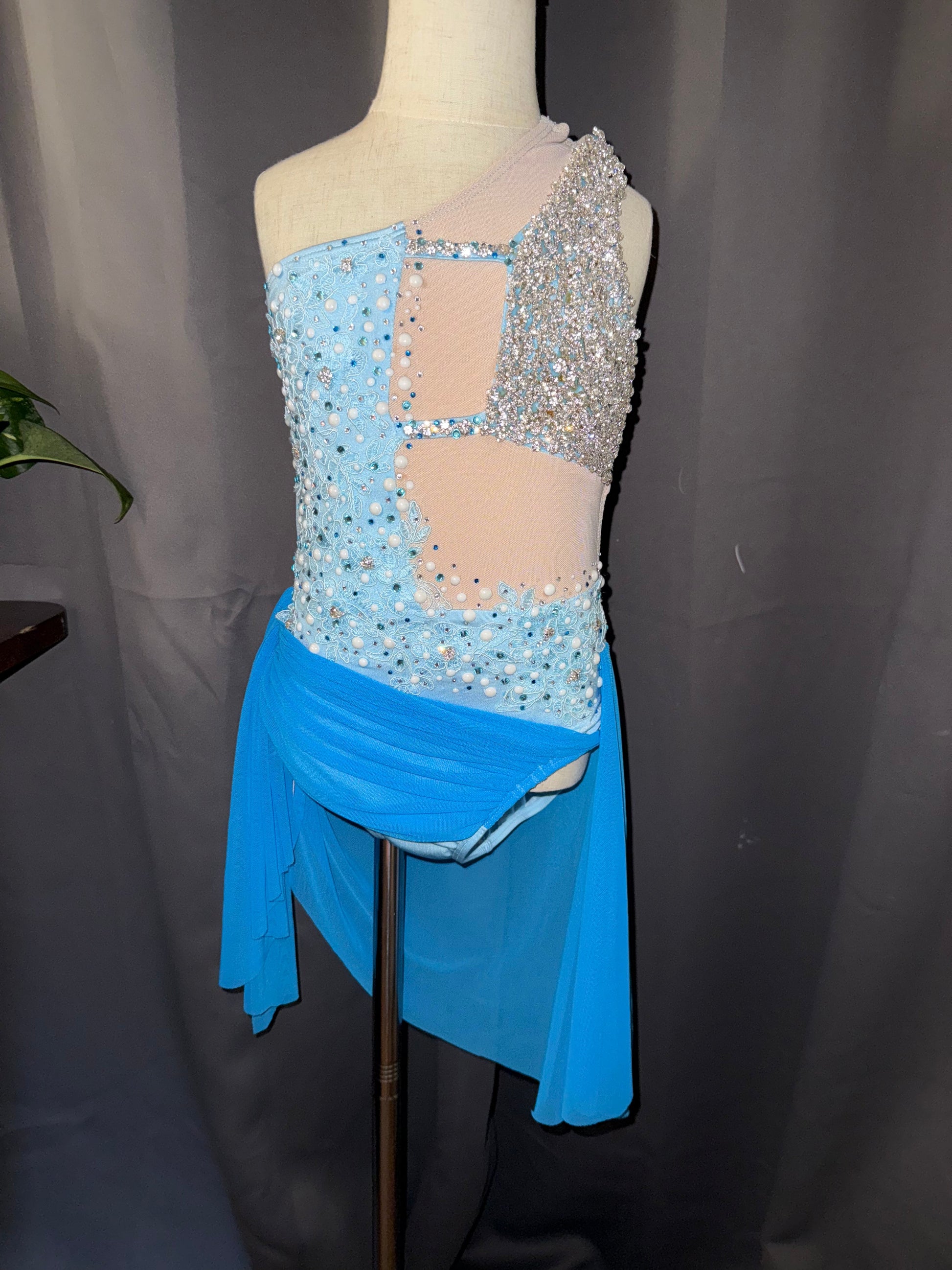 Aqua Radiance – Child Small Aqua Floral Lyrical & Contemporary Dance Costume with Real Crystals
