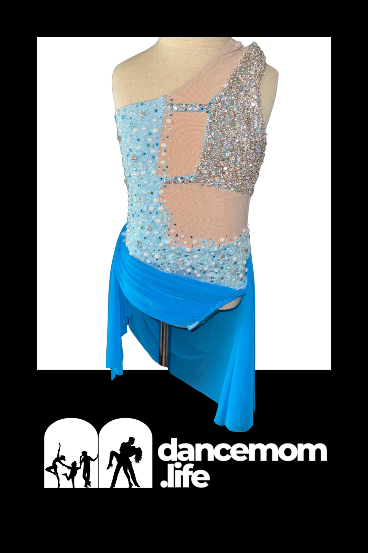 A shimmering light blue and silver beaded dance leotard with a flowing royal blue skirt.