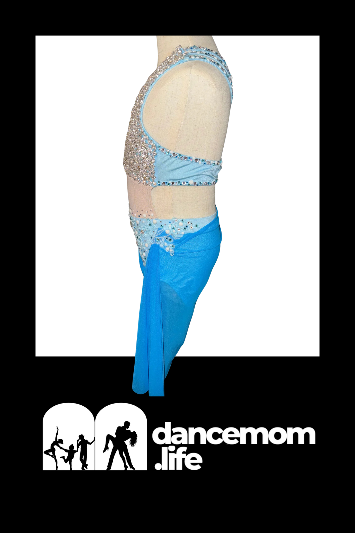Light blue sequined dance leotard with a sheer, beaded bodice and matching flowing skirt.