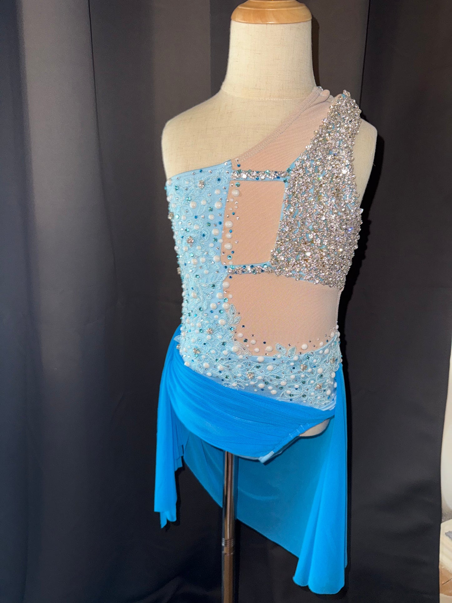 Aqua Radiance – Child Small Aqua Floral Lyrical & Contemporary Dance Costume with Real Crystals