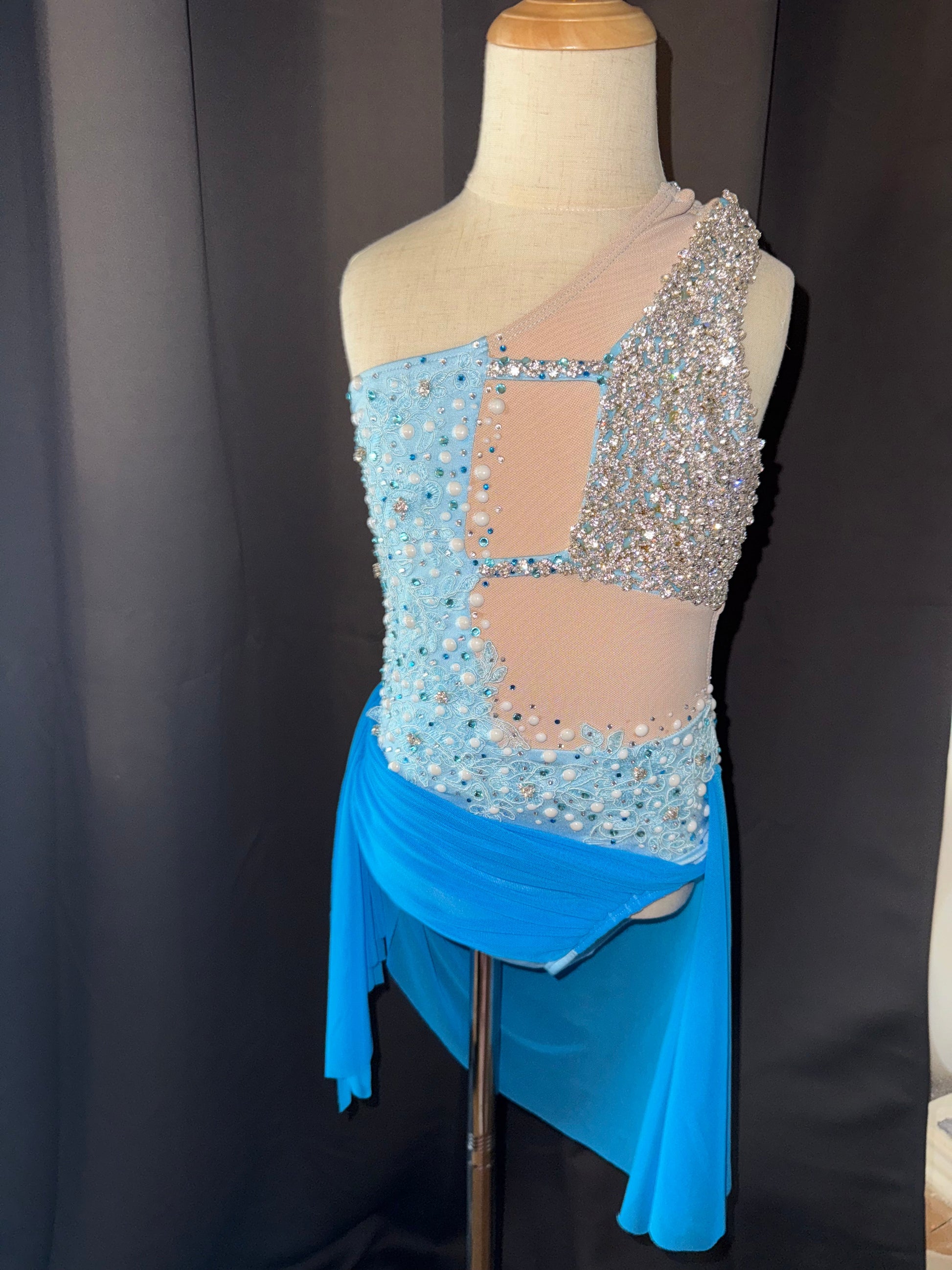 Aqua Radiance – Child Small Aqua Floral Lyrical & Contemporary Dance Costume with Real Crystals