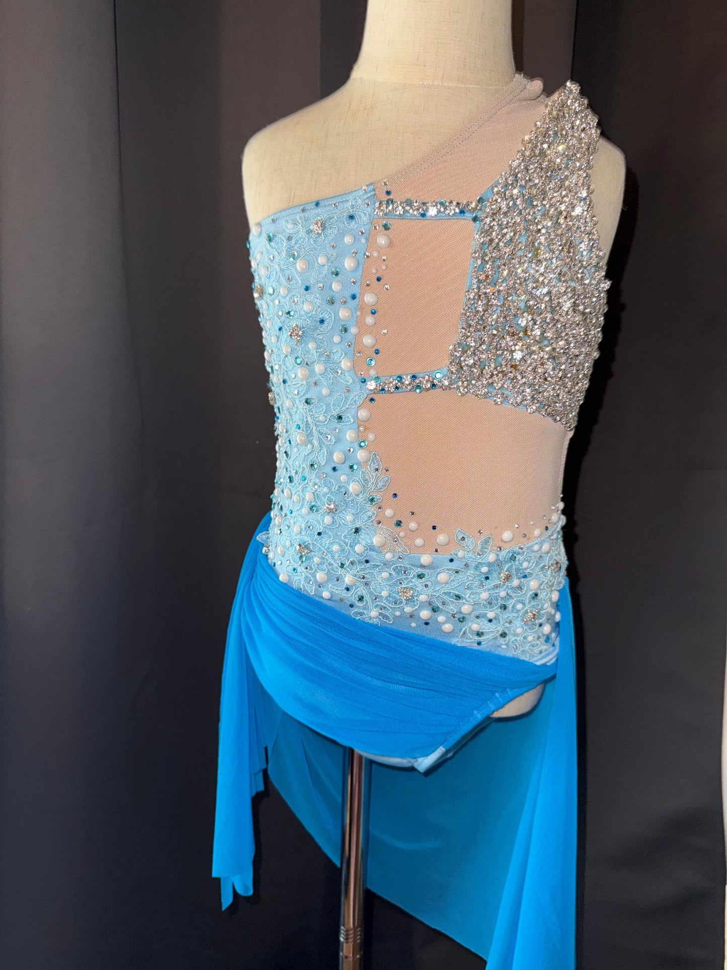 Aqua Radiance – Child Small Aqua Floral Lyrical & Contemporary Dance Costume with Real Crystals