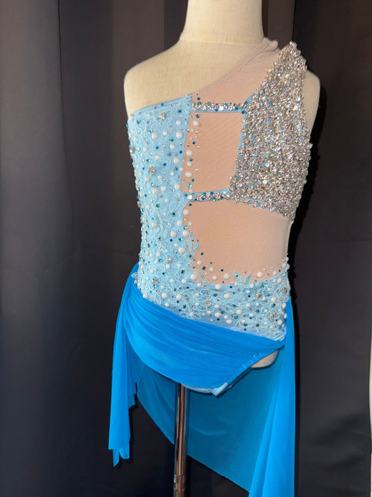 Aqua Radiance – Child Small Aqua Floral Lyrical & Contemporary Dance Costume with Real Crystals