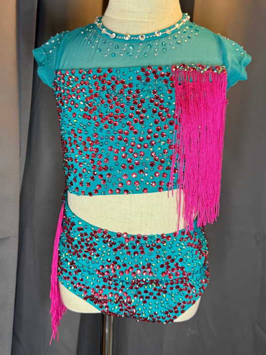 Aztec Vibe – Aqua & Hot Pink Fringe Dance Costume (Intermediate Child Size)