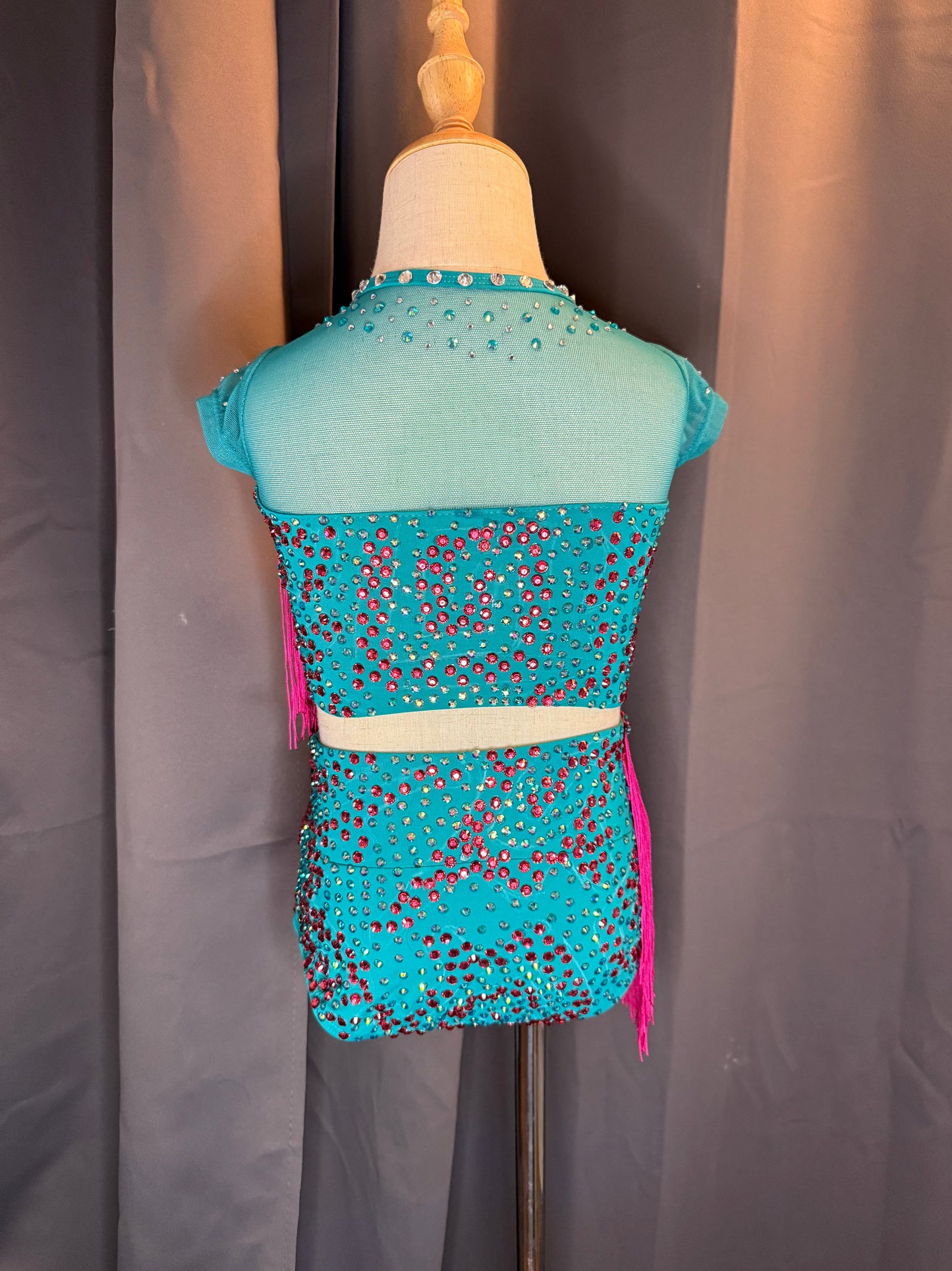 Aztec Vibe – Aqua & Hot Pink Fringe Dance Costume (Intermediate Child Size)
