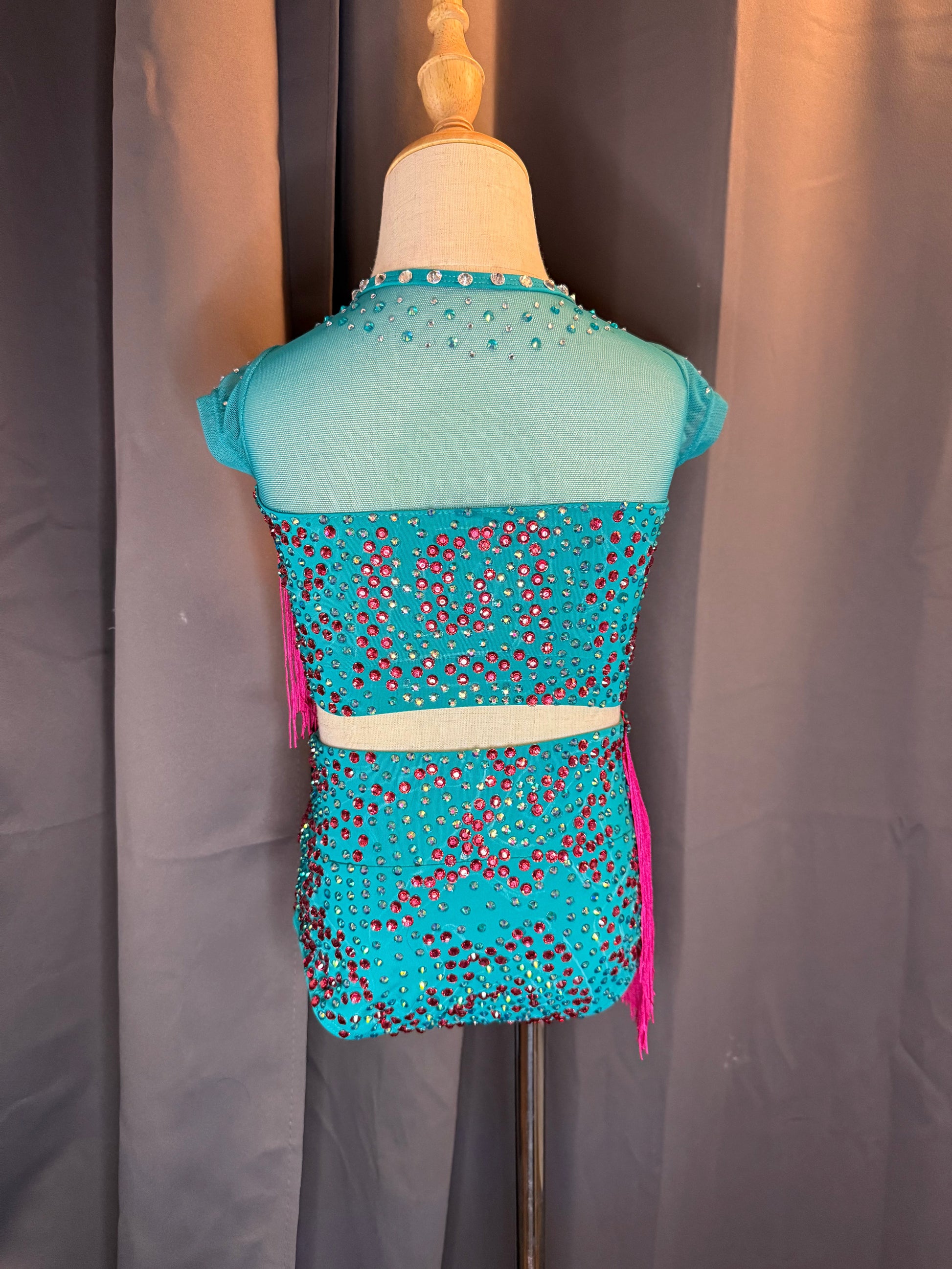 Aztec Vibe – Aqua & Hot Pink Fringe Dance Costume (Intermediate Child Size)