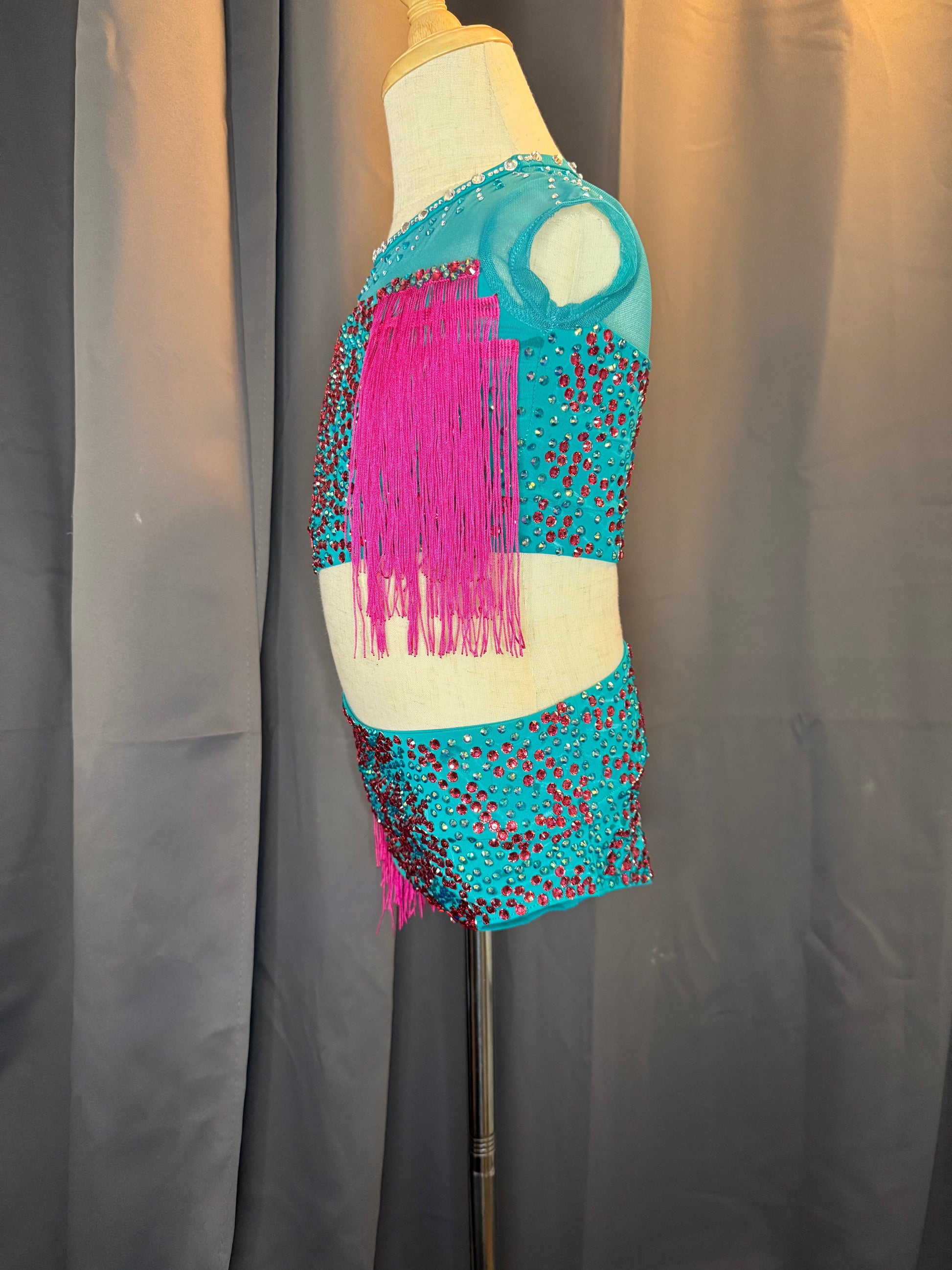 Aztec Vibe – Aqua & Hot Pink Fringe Dance Costume (Intermediate Child Size)