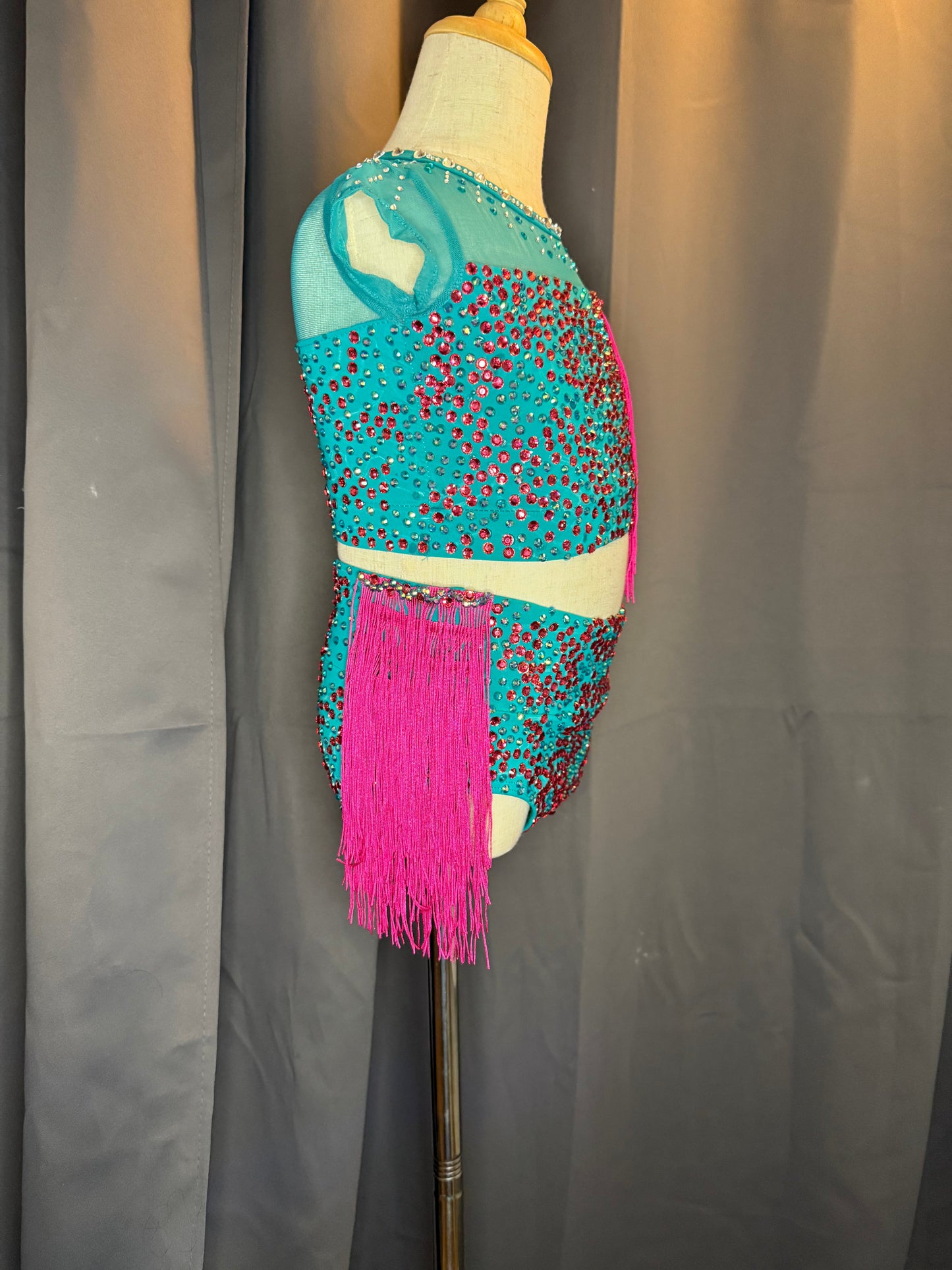Aztec Vibe – Aqua & Hot Pink Fringe Dance Costume (Intermediate Child Size)