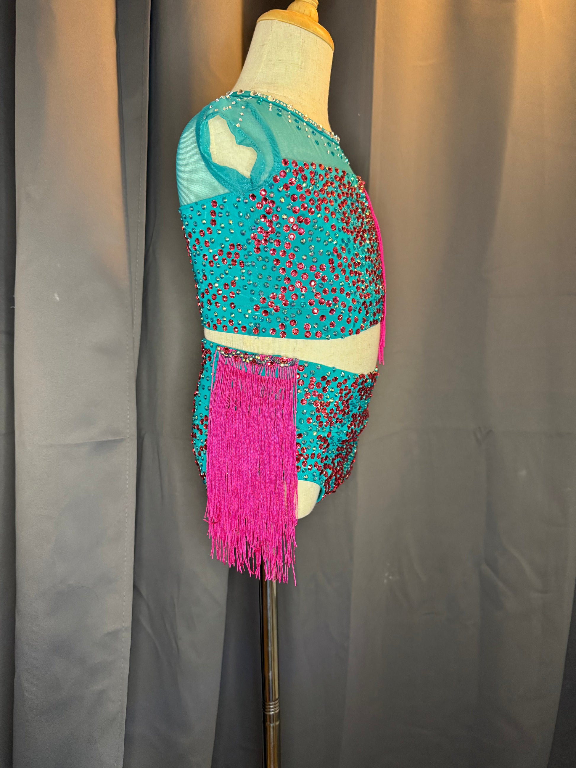 Aztec Vibe – Aqua & Hot Pink Fringe Dance Costume (Intermediate Child Size)