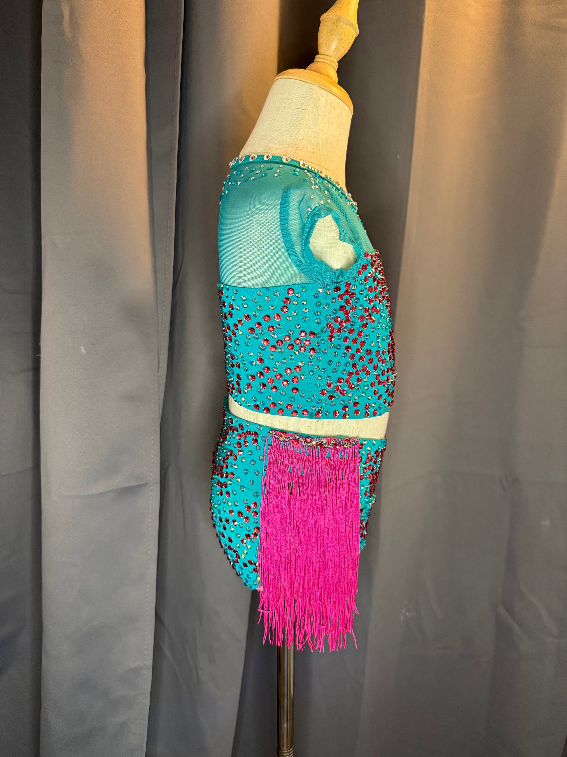 Aztec Vibe – Aqua & Hot Pink Fringe Dance Costume (Intermediate Child Size)