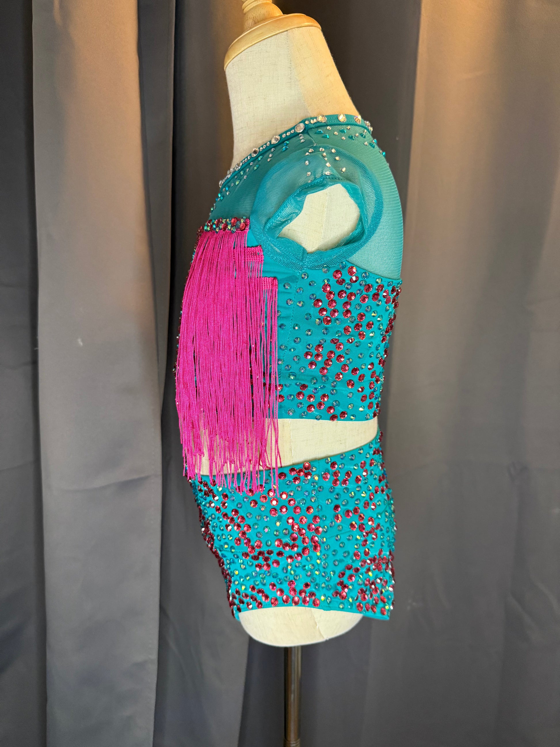Aztec Vibe – Aqua & Hot Pink Fringe Dance Costume (Intermediate Child Size)