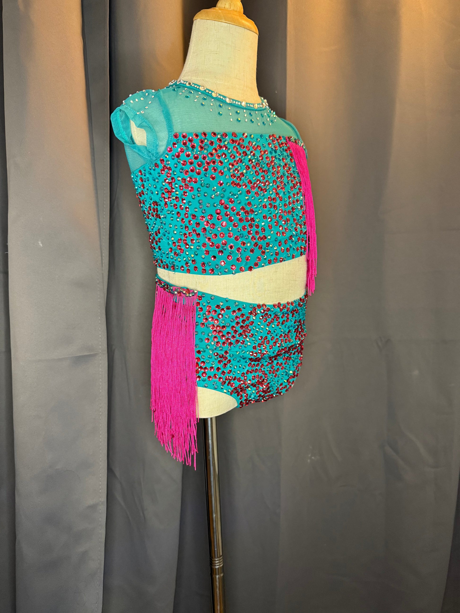 Aztec Vibe – Aqua & Hot Pink Fringe Dance Costume (Intermediate Child Size)