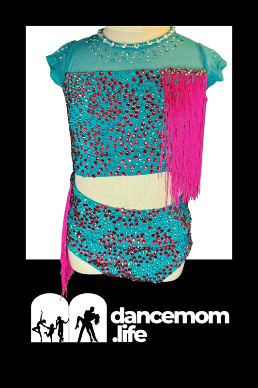 Turquoise and pink beaded dance leotard with fringe detailing.