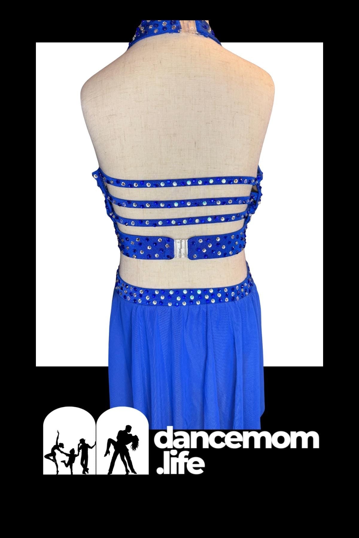 Blue sequined dance leotard with a halter neckline and three horizontal straps across the back, featuring a silver buckle at the waist.