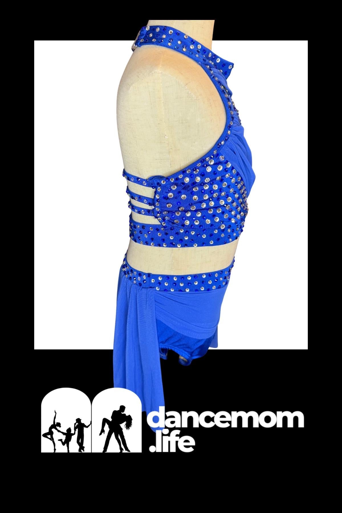 Blue sequined dance leotard with a halter neckline and layered ruched straps.