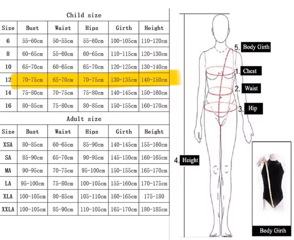 Yellow-highlighted child size 12 measurement chart showing bust, waist, hips, girth and height dimensions for a garment.