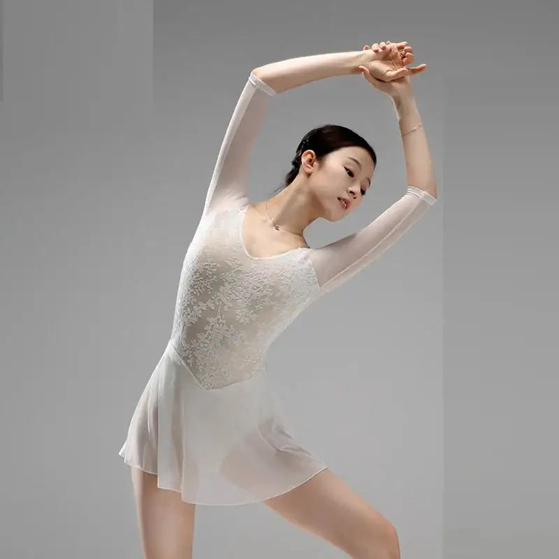 Ballet Leotards for Women Lace Rhythmic Gymnastics - Adult Practice Ballet Stage Costume in White