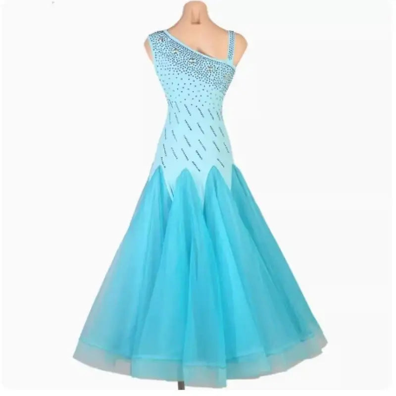 Light blue, one-shoulder ballroom gown.