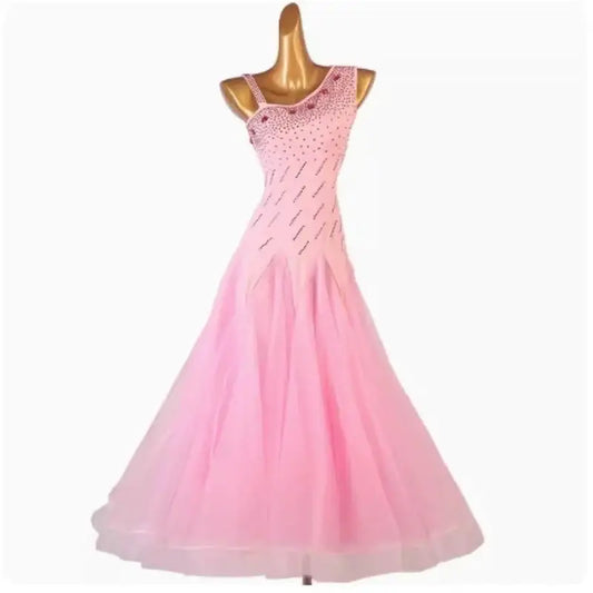Pink, embellished, one-shoulder ballroom gown.