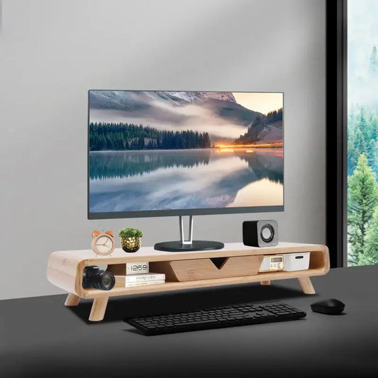 Wooden monitor stand with storage.