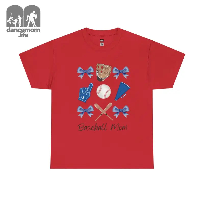 Red t-shirt featuring baseball equipment graphics and blue bows with ’Baseball Mom’ text.