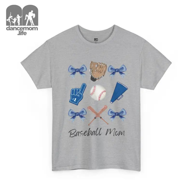 Grey t-shirt featuring baseball-themed graphics including bows, a glove, ball, foam finger, and crossed bats with ’Baseball Mom’ text.