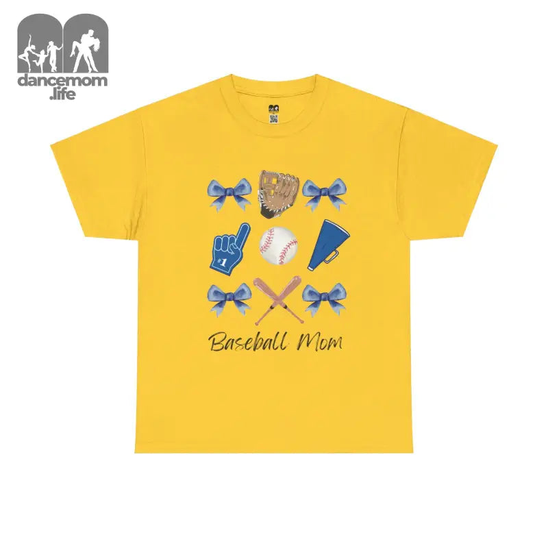 Yellow t-shirt with baseball-themed graphics and ’Baseball Mom’ text.