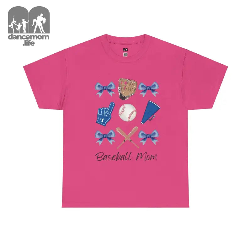 Pink t-shirt with baseball-themed graphics and blue bows displaying ’Baseball Mom’ text.