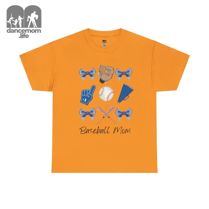 Orange t-shirt with ’Baseball Mom’ text and baseball-themed graphics including bows, glove, ball, and pennant.