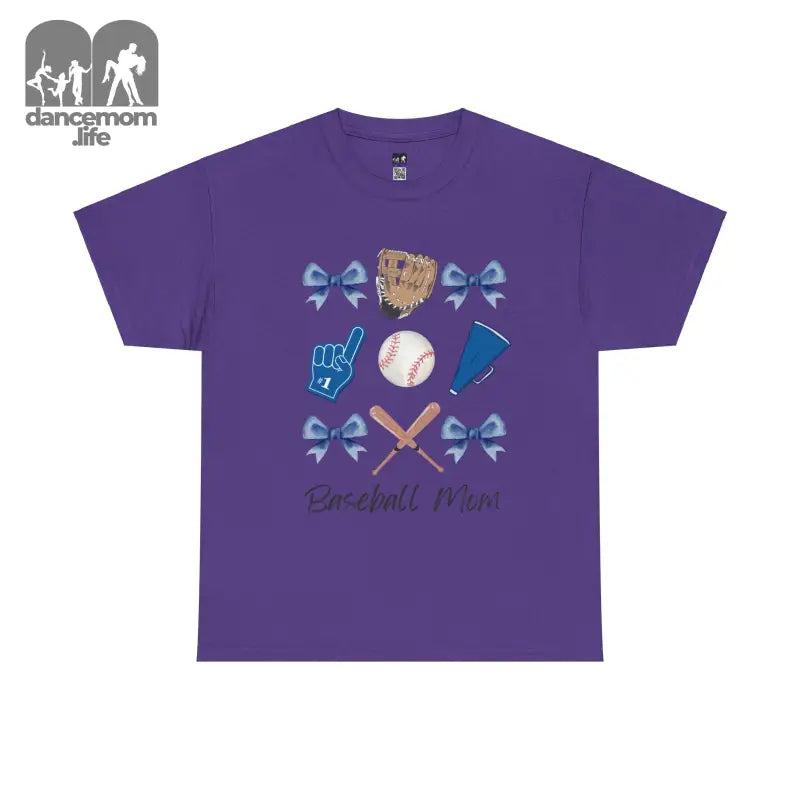 Purple t-shirt with baseball-themed graphics featuring bows, bats, glove, and ball design.