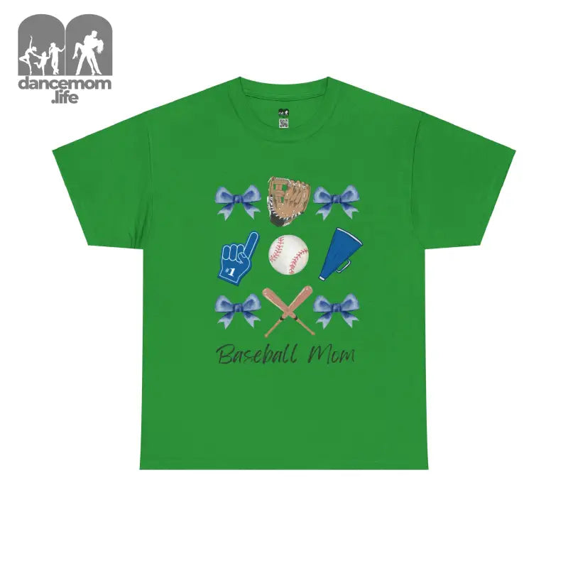 Green t-shirt with baseball-themed graphics and ’Baseball Mom’ text.