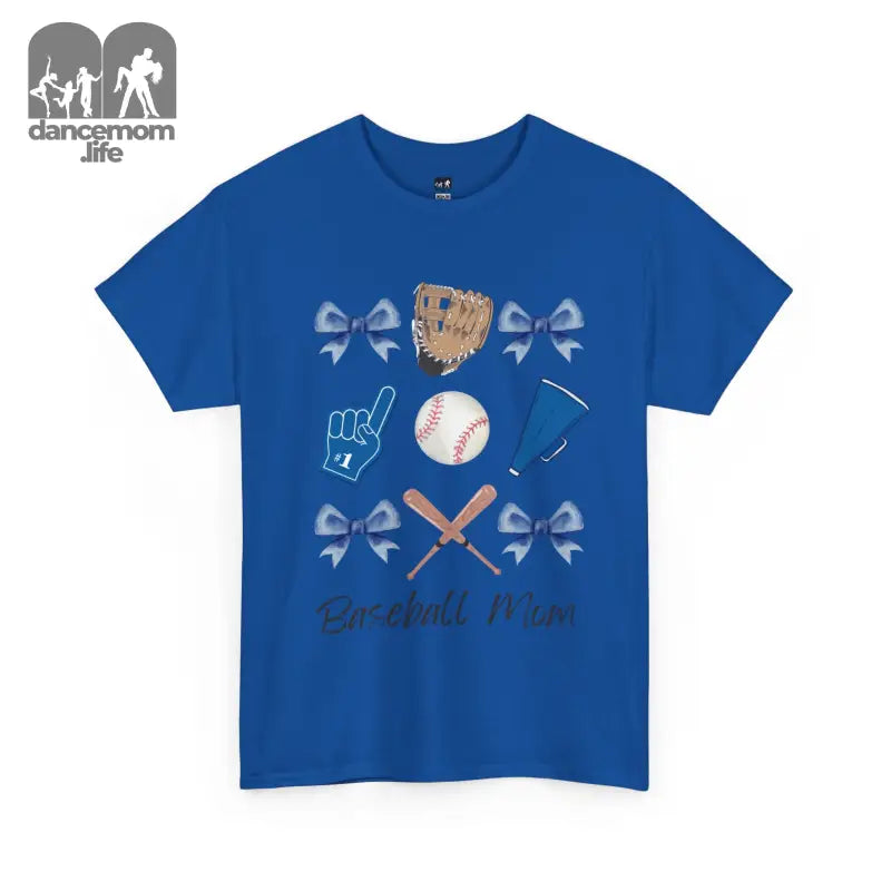 Royal blue t-shirt featuring baseball-themed graphics with bows, gloves, and crossed bats.