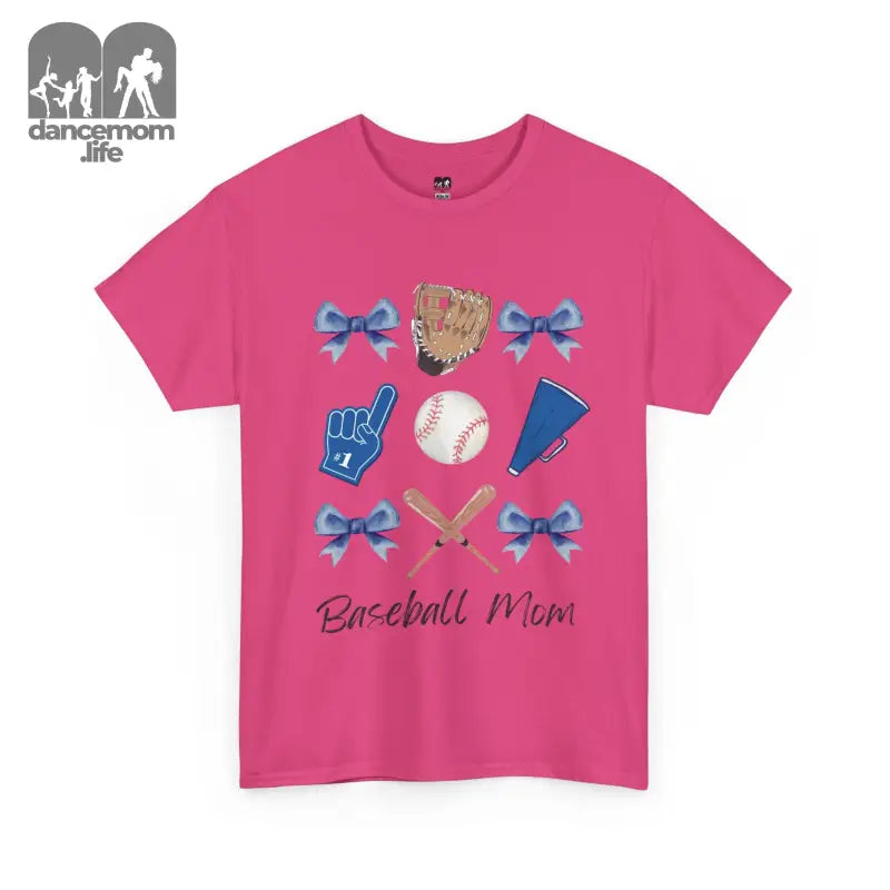 Pink t-shirt with baseball-themed graphics and text reading ’Baseball Mom’