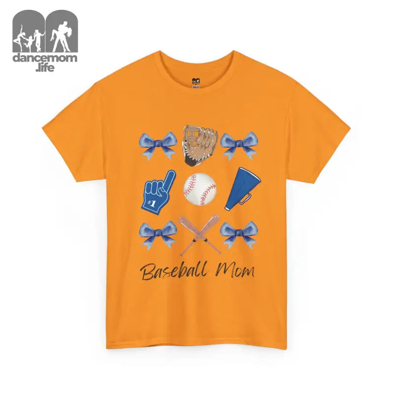 Orange t-shirt featuring baseball-themed graphics and ’Baseball Mom’ text.