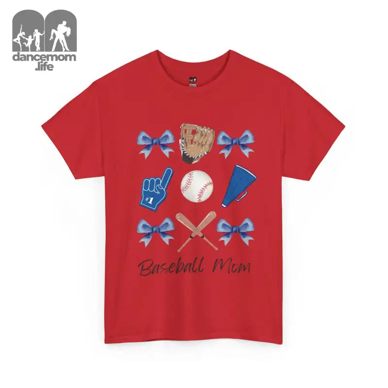 Red t-shirt with baseball-themed graphics including bows, mitt, ball, foam finger, and ’Baseball Mom’ text.